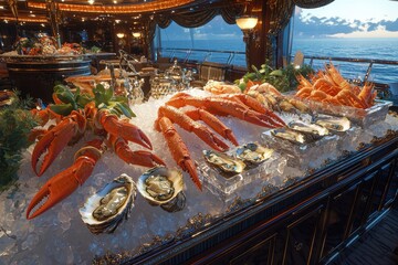 Luxury seafood buffet features a stunning array of fresh options aboard an elegant vessel at sunset near the coast