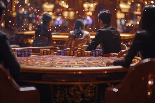 Opulent baccarat table in upscale casino setting during a lively gaming evening