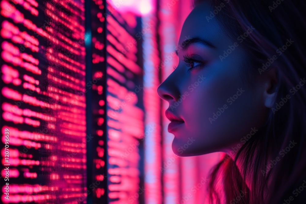 Poster a woman is looking at a computer screen with a lot of code on it