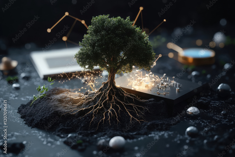 Poster symbolic tree with deep roots intertwines with technology, representing growth and connection to nat