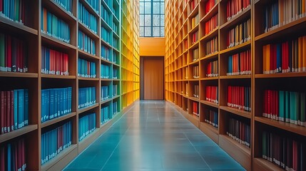 A library wall filled with colorful books with wooden shelf
