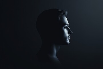 A man's face is shown in a black background