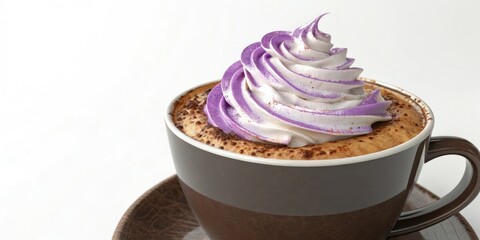 A steaming cup of coffee topped with fluffy whipped cream and garnished in a vibrant purple hue, decoration, indulgence