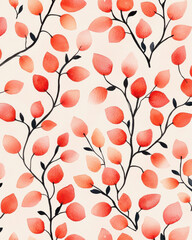Watercolor pattern of red leaves on branches with soft beige background