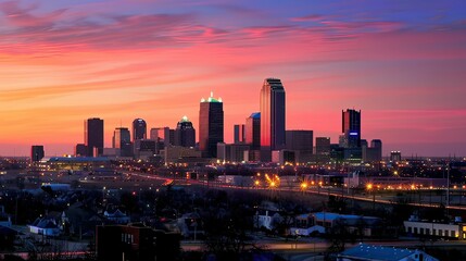 Naklejka premium A city skyline filled with corporate skyscrapers during sunset. stock photo --ar 16:9 --style raw --v 6 Job ID: ac355743-b556-4bf9-8408-8cd59d001e26
