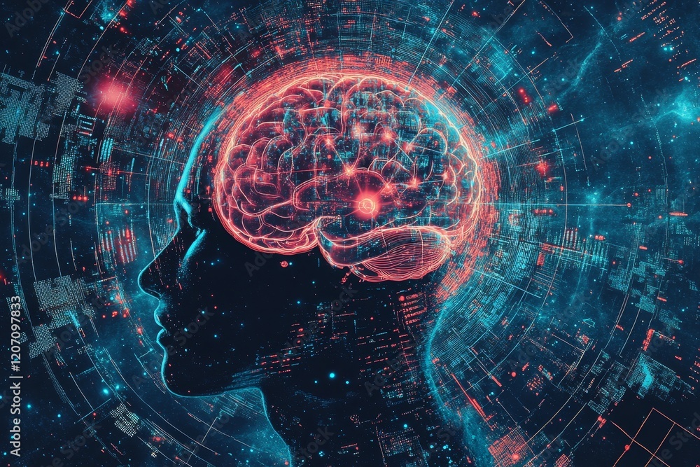 Aufkleber a brain with a face is shown in a blue and red color scheme