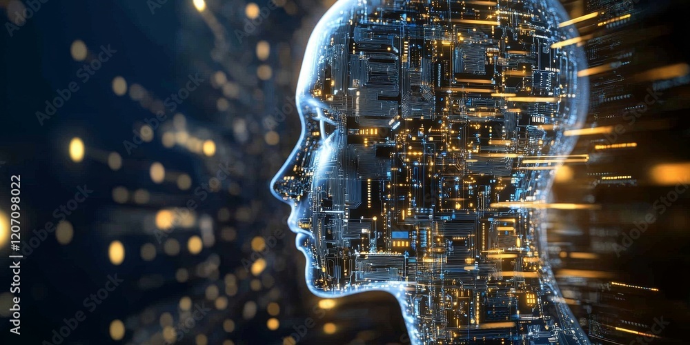 Aufkleber a computer generated image of a human head with a cityscape in the background
