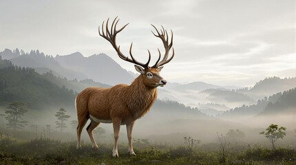 Fototapeta premium A stunning red deer stag stands motionless in the misty landscape, its antlers and coat rendered in exquisite detail against a soft gray sky, outdoors, leaves