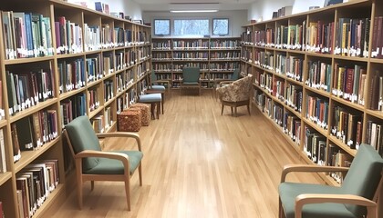 A clean library setup with wooden shelves filled with books and cozy seating arrangements