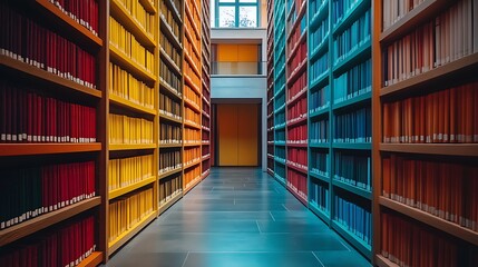 Obraz premium A library wall filled with colorful books with wooden shelf