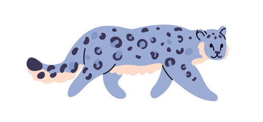 Snow leopard, exotic predator. Cute wild cat, feline animal, beast with spotted fur, walking. Endangered carnivore mammal, spotty wildcat. Flat vector illustration isolated on white background