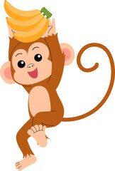 playful little monkey holding a banana over the head illustration © AnotaiSi