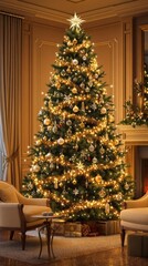 Christmas tree with ornaments and lights in a cozy living room , holiday cheer, festive decoration