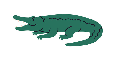 Crocodile, wild reptile animal. Tropical alligator, carnivore with open mouth, teeth, tail. Exotic gator predator in profile. African fauna, croc. Flat vector illustration isolated on white background