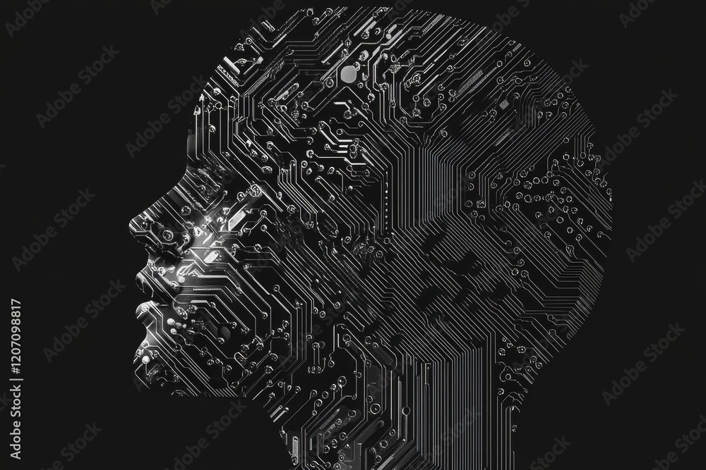Poster a computer generated image of a head with a face and a brain