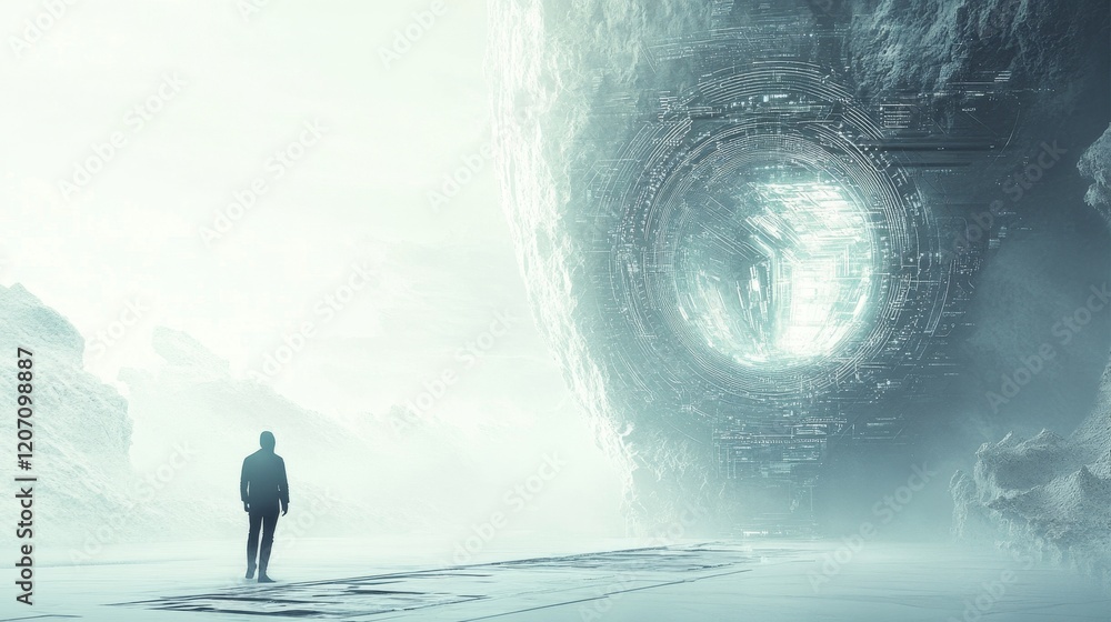 Poster a man is walking on a path in a desolate landscape