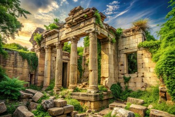 Obraz premium Ancient stone temple ruins with crumbling walls and overgrown vegetation in shades of beige and green, weathered stone, moss