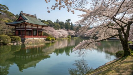 A tranquil pond surrounded by cherry blossom trees in front of a serene Shinto shrine creating a sense of stillness and calm, cherry blossoms, reflections