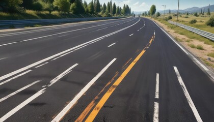 Asphalt highway at daytime with road markings, daylight, pavement, terrain