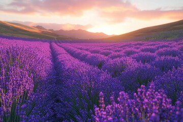 Expansive lavender fields showcasing vibrant colors under a warm sunset in a serene landscape