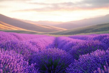 Obraz premium Expansive lavender fields in warm sunset light create a serene landscape in the countryside