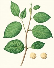 Naklejka premium Botanical Illustration Green Leaves Branch Plant Study Nature Artwork Vintage Style