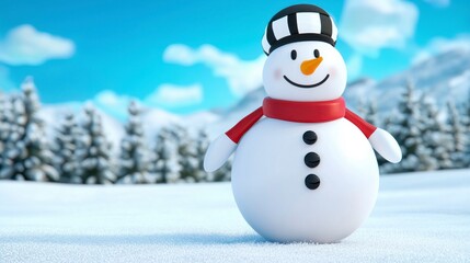 Fototapeta premium Smiling Snowman in Winter Landscape with Blue Sky and Snowy Ground