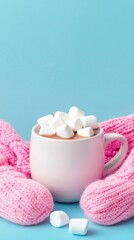 Cozy Hot Chocolate with Marshmallows in Pink Mittens on a Light Blue Background