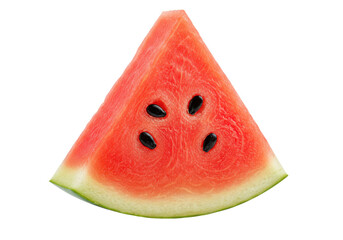 A triangular slice of ripe watermelon with bright red flesh and black seeds, isolated on a white background