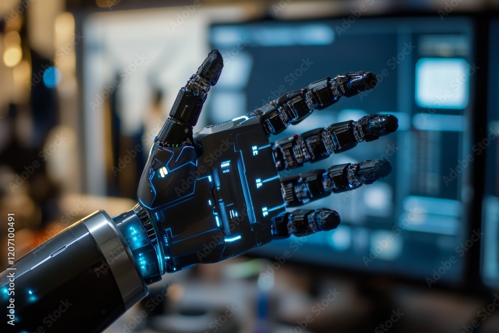 Poster a robotic hand is displayed on a computer monitor