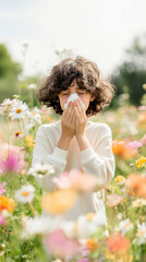 Child sneezing in vibrant wildflower meadow on a sunny day