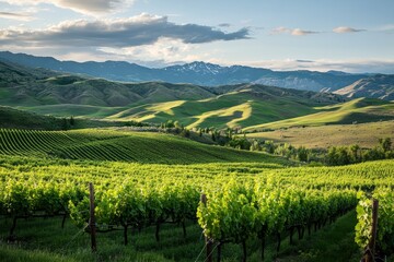 Fototapeta premium A lush vineyard surrounded by rolling green hills.