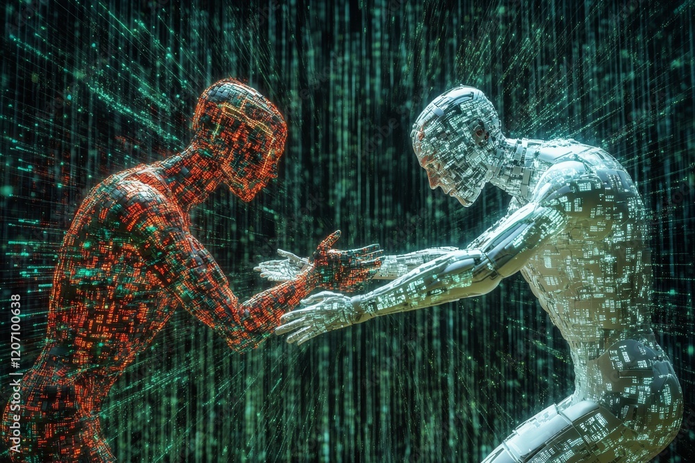Poster two robots are touching hands in a green and black background