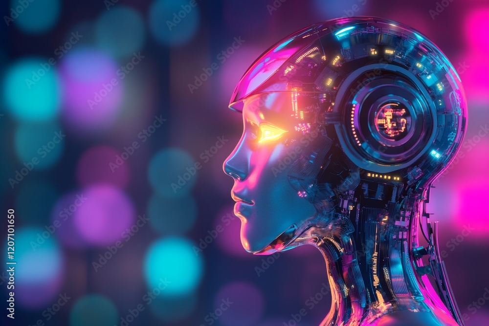 Poster vivid ai robot head illuminated in soft colors with futuristic design