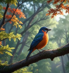 Obraz premium Bird perched on a tree branch overlooking a serene forest, eagle, wildlife