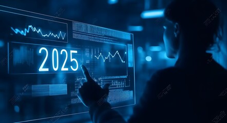 Futuristic 2025 business growth concept with hand holding glowing digital display upward trend graph