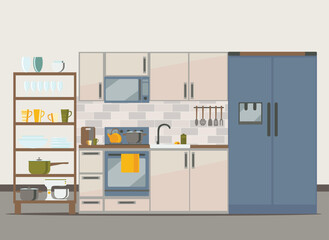 Kitchen interior with furniture and dishes, staff. Flat vector illustration