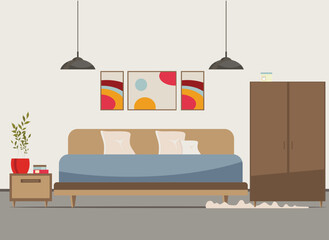 bedroom interior with furniture (bed, nightstand, floor lamp, books, flowers, carpet), flat vector illustration