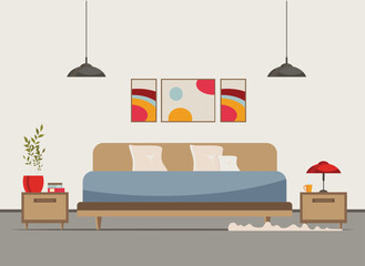 bedroom interior with furniture (bed, nightstand, floor lamp, books, flowers, carpet), flat vector illustration