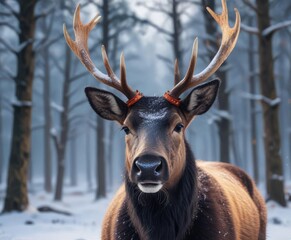Black cap worn by a reindeer in a snowy forest landscape , nature scene, cold weather, outdoor photography