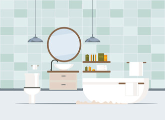Restroom. Bathroom interior with bath, toilet, washbasin, mirror, shelves, towels and washing machine. flat vector illustration