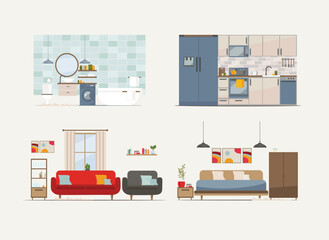 Basic rooms of apartment (kitchen, restroom, living room, bedroom)