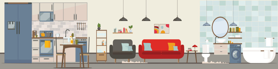 Basic rooms of apartment (kitchen, restroom, living room, bedroom)