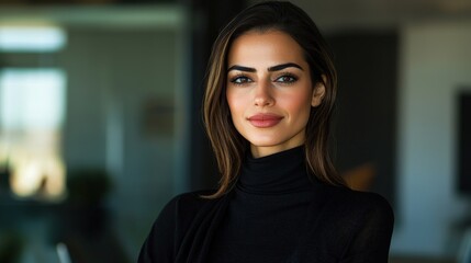 Fototapeta premium Confident young woman with long hair in stylish turtleneck standing in modern interior setting