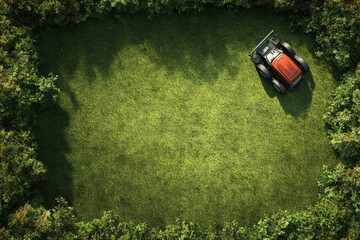 Area view Lawnmower cutting fresh grass, leaving clean stripes behind.