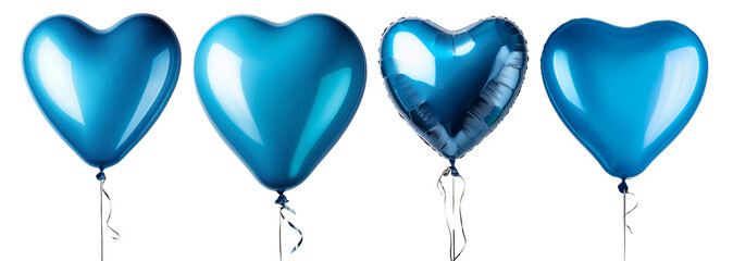 Four blue heart-shaped balloons floating together, perfect for celebrations and decorations.
