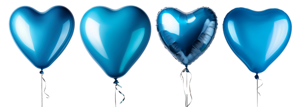 Four blue heart-shaped balloons floating together, perfect for celebrations and decorations.