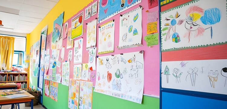 A colorful classroom wall decorated with students' drawings and educational posters