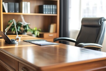 Executive Office Workspace with Wooden Desk and Comfortable Chair
