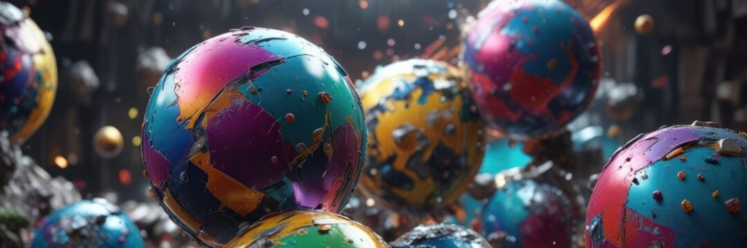 Abstract sphere clusters in a fragmented background, disordered space, distorted geometry, abstract sphere clusters